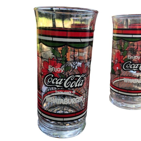 Lot of 7 Coca-Cola & Whataburger Christmas Stained Glass Beverage Glasses - Picture 1 of 8